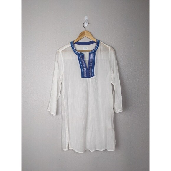 Sigrid Olsen V-Neck Top Crochet at Neck and Sleeves White Small Cover-up 202 - Picture 1 of 5